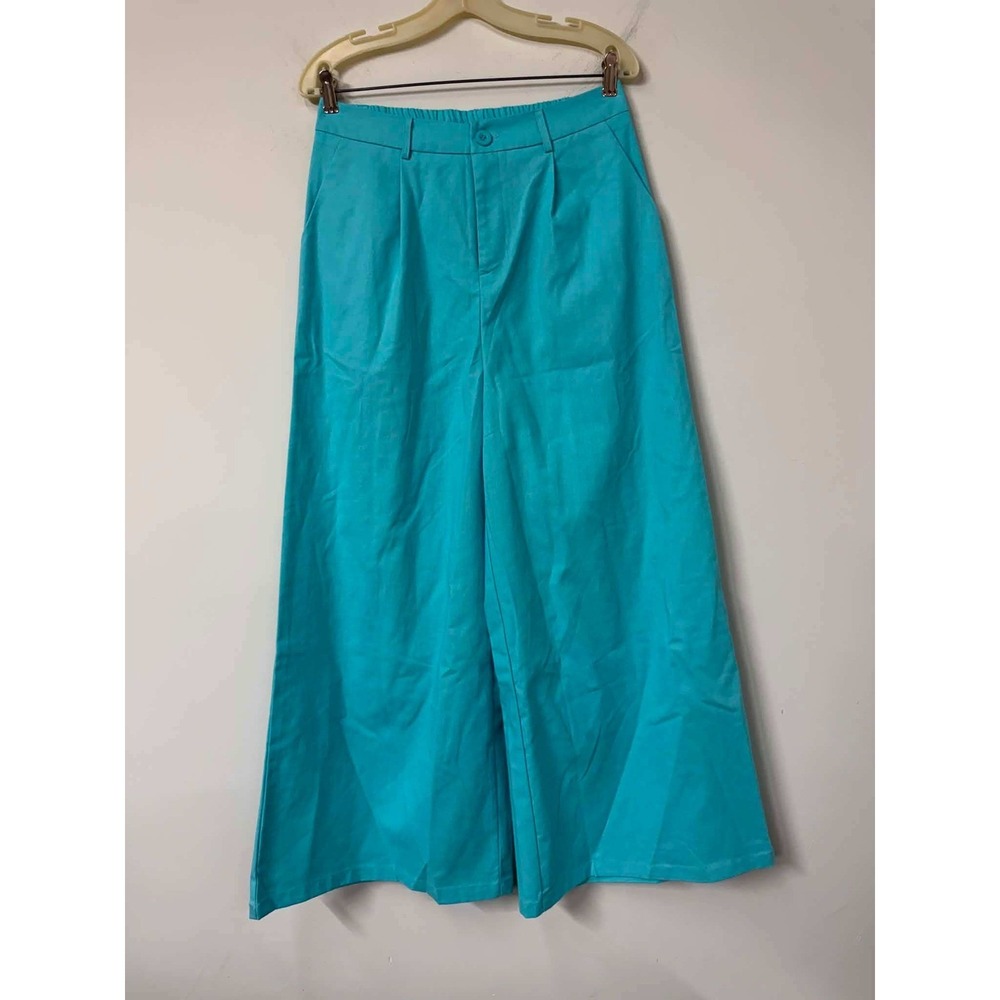 New UOOZEE Large Turquoise Teal Linen Blend Ex Wide Leg Trousers Pants High Rise